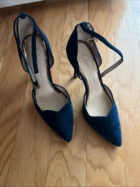 Jessica Simpson Navy Suede Pointed Toe Ankle Strap Heels